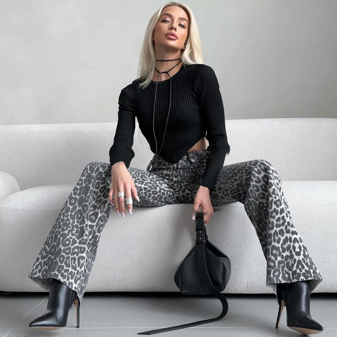 Donna Jeans Skinny Vita Alta con Stampa Leopardata