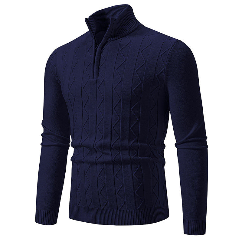 Maglione blu scuro da uomo con zip, lavorazione a trecce, collo alto, maniche lunghe. Elegante e caldo, ideale per l'inverno e l'autunno.