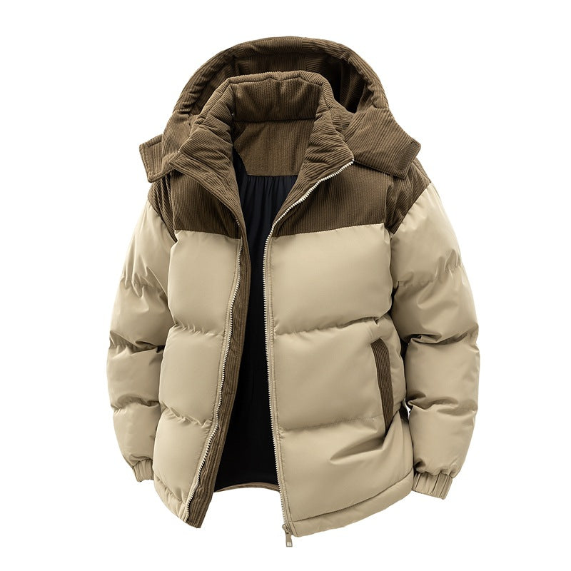 Giacca invernale imbottita beige e marrone con cappuccio, design moderno, ideale per il freddo. Giacca a vento calda e resistente, moda uomo.