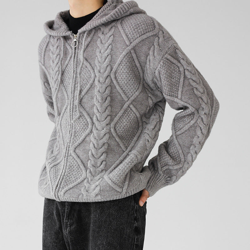 Giacca in maglia grigia con cappuccio, motivo a trecce, chiusura a zip, indossata da persona in jeans neri. Moda autunnale, abbigliamento casual.