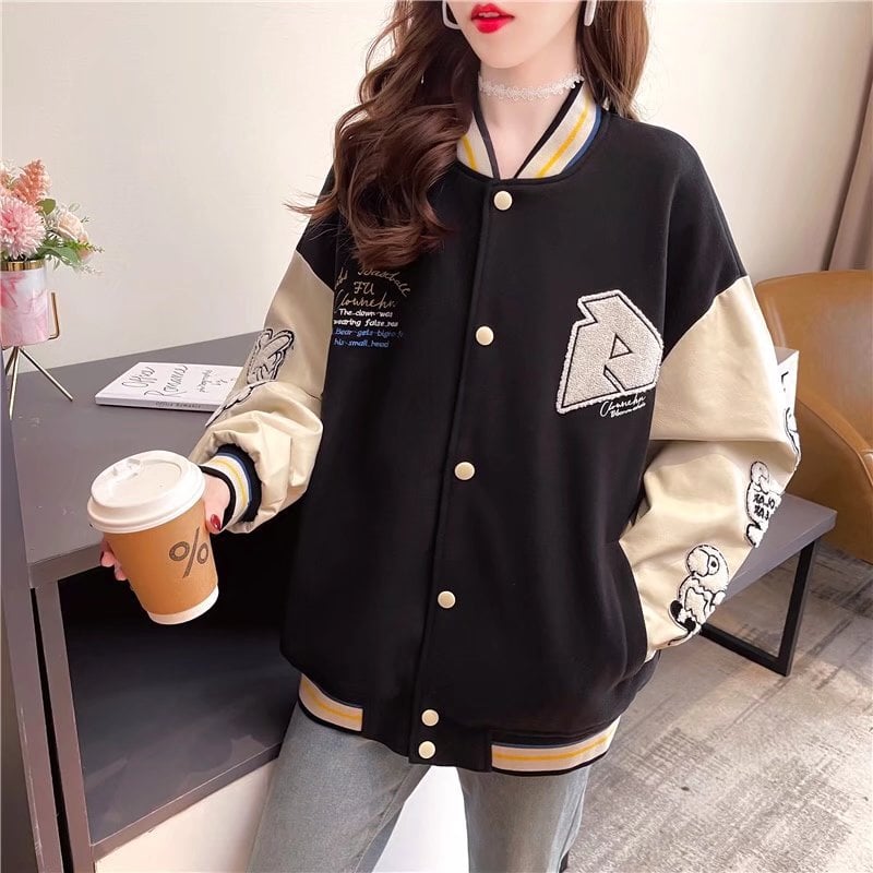Women's Baseball Style Jacket with Cartoon Print and Long Sleeves