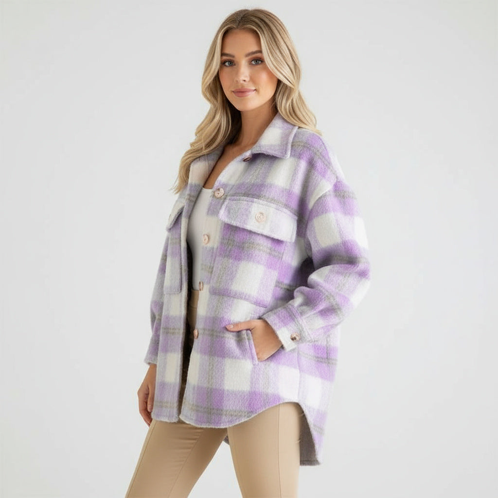 Chaqueta de mujer otoñal a cuadros con ajuste oversize y cierre de botones