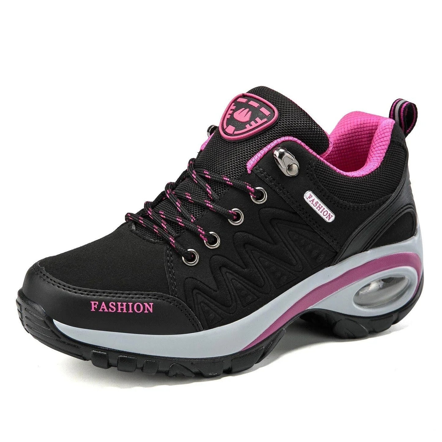 Scarpa sportiva da donna nera e rosa con suola ammortizzata, lacci rosa, dettagli moda, ideale per fitness e passeggiate.