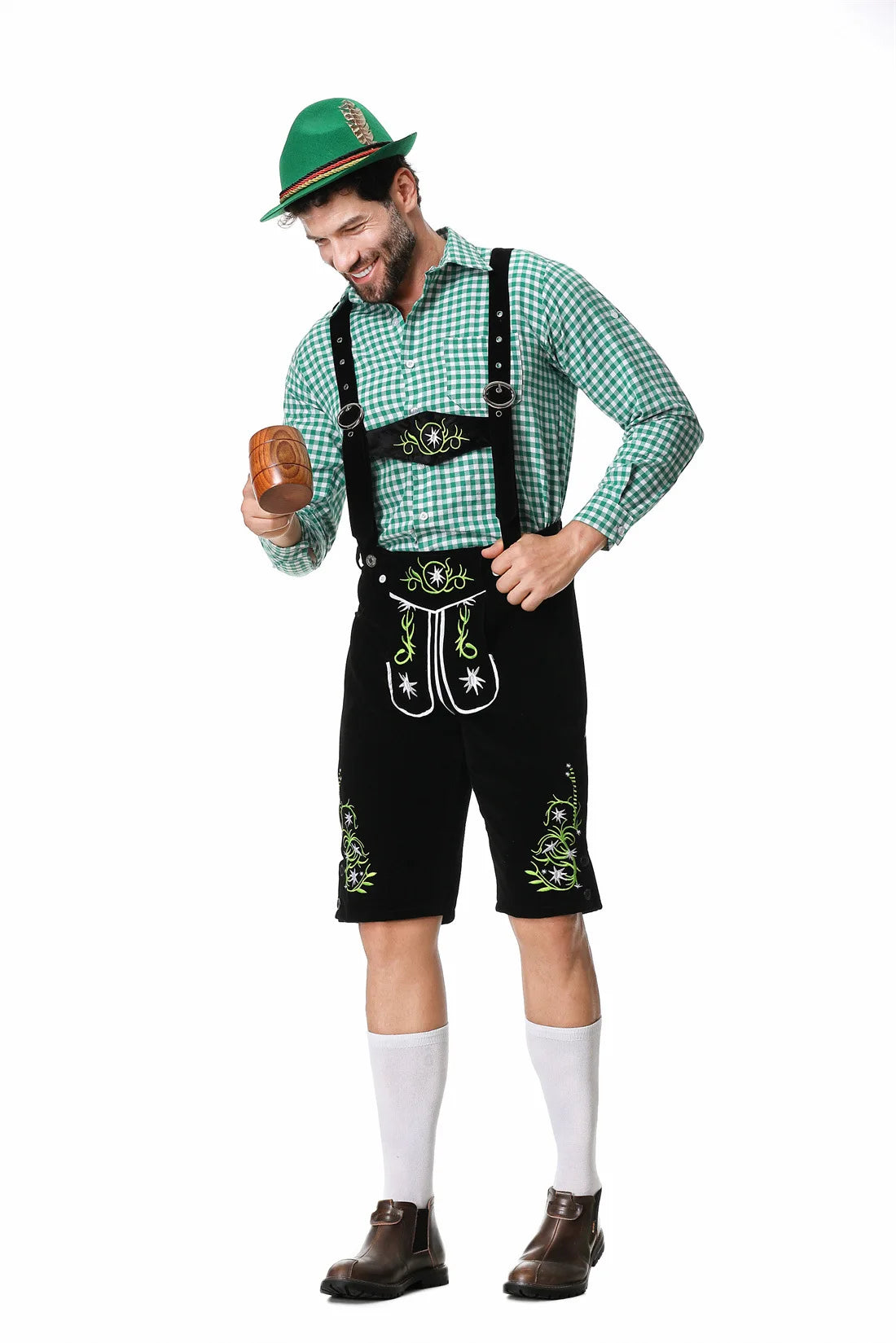 Set Outfit Oktoberfest da Uomo con Gilet Verde Pantaloni Cappello e Bretelle