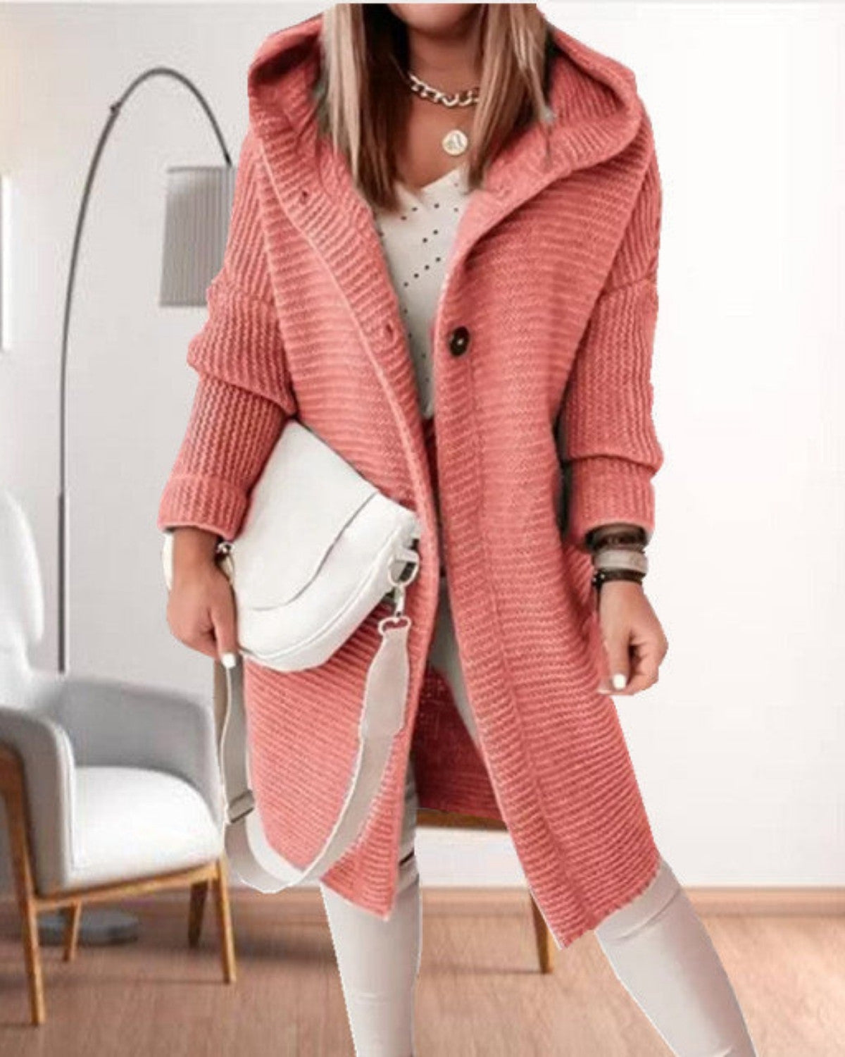 Giacca da Donna in Maglia con Cappuccio e Chiusura a Bottoni