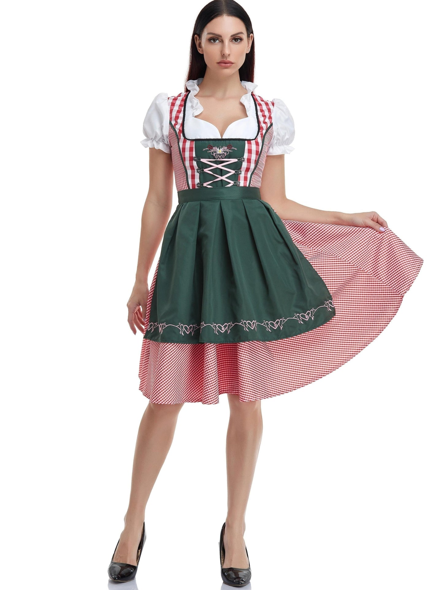 Abito Dirndl da Donna Verde Oliva con Grembiule Taglio Tradizionale per Feste