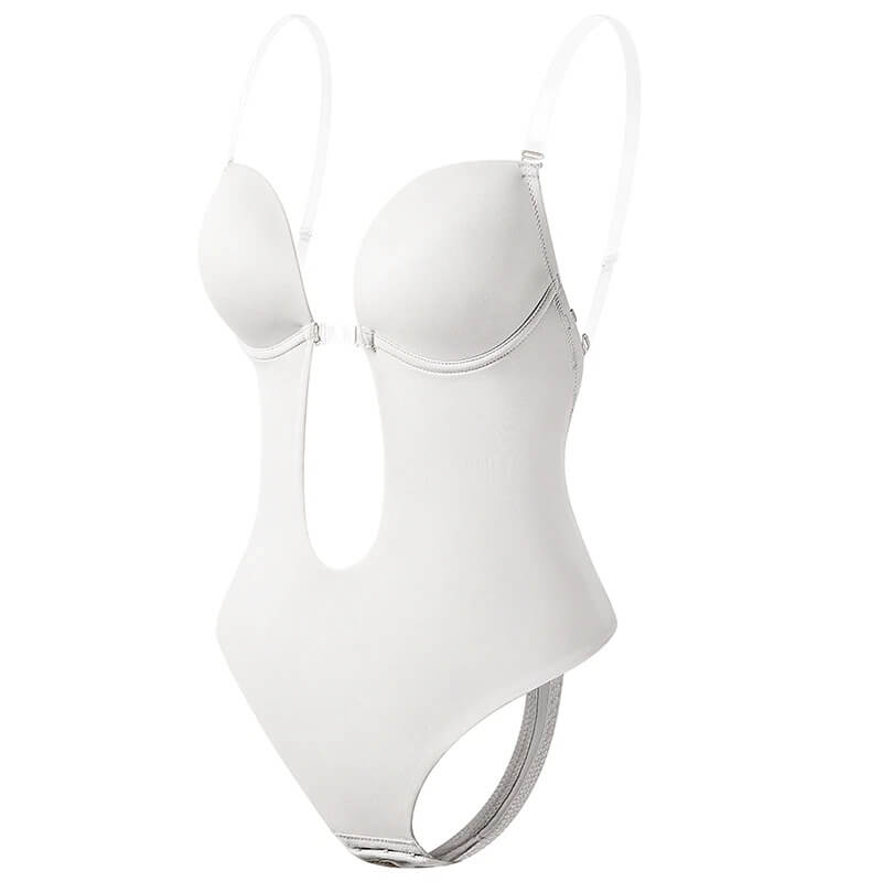 Body bianco senza schienale con spalline sottili, design a coppe, ideale per abiti scollati. Intimo femminile elegante e versatile.