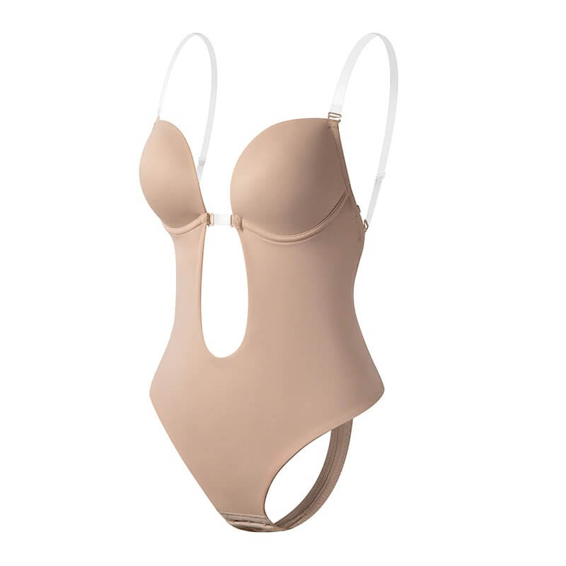 Body modellante beige con spalline trasparenti, design senza schiena, coppe imbottite. Intimo donna, lingerie modellante, abbigliamento intimo sexy.