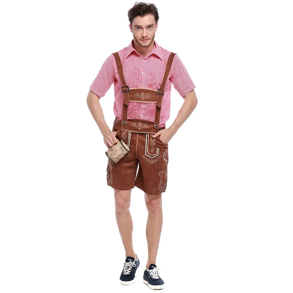 Set Lederhosen da Uomo con Pantaloni Ricamati Camicia a Quadri e Cappello Tradizionale