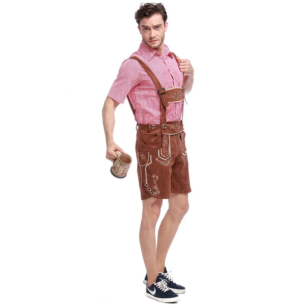 Set Lederhosen da Uomo con Pantaloni Ricamati Camicia a Quadri e Cappello Tradizionale