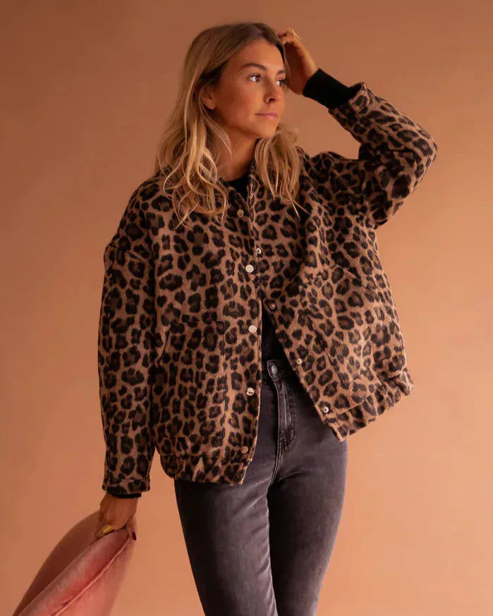 Giacca Bomber Invernale da Donna con Stampa Leopardo e Vestibilità Oversize