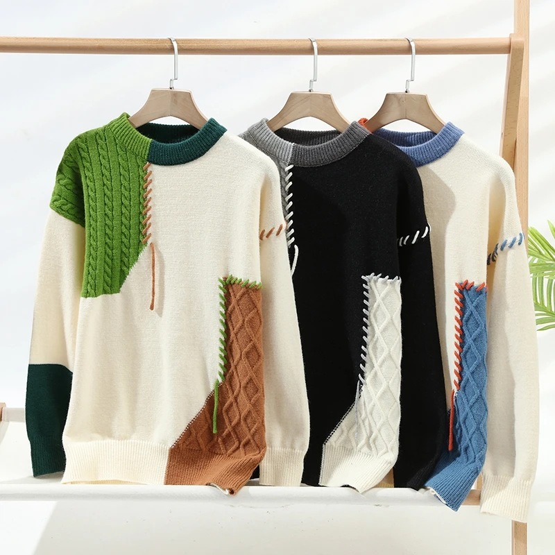 Maglione da Uomo in Maglia con Pannelli Patchwork a Treccia e Cuciture a Sopraggitto