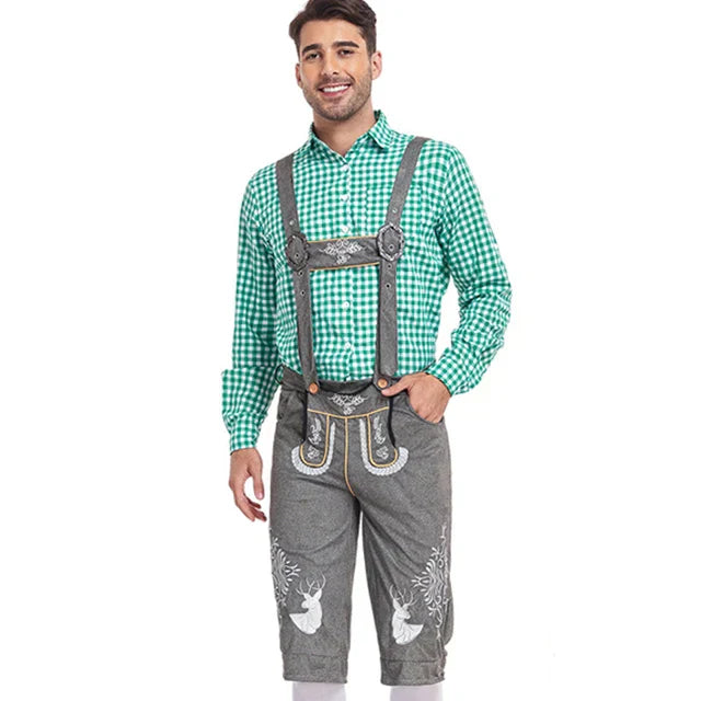 Set Lederhosen da Uomo con Pantaloni Ricamati e Camicia a Quadri per Festival