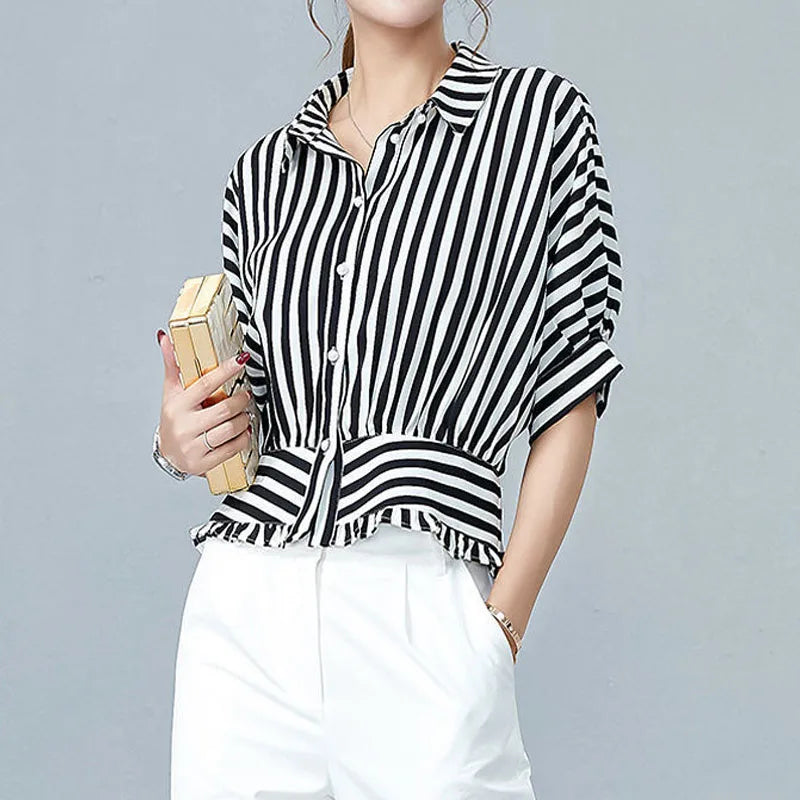 Top Donna a Righe con Cannoncino Nascosto e Polsini Svasati