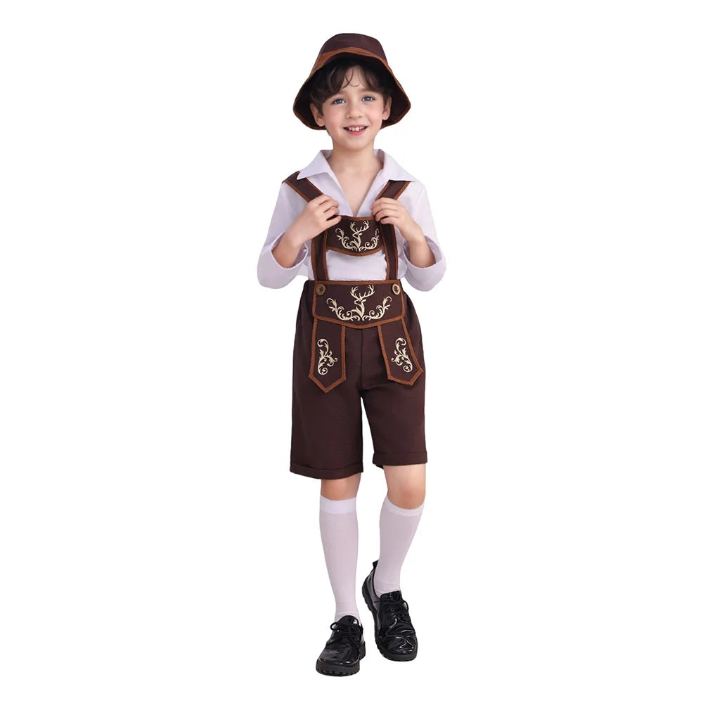 Costume Bavarese da Bambino con Lederhosen Cappello Camicia e Calze per Oktoberfest