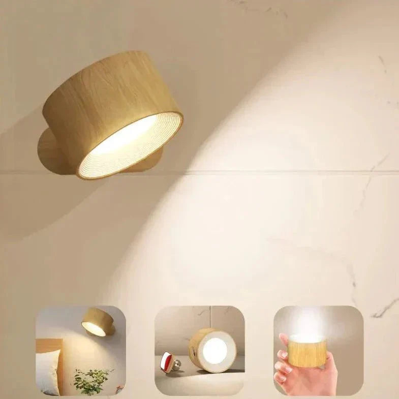 Lampada da parete in legno moderna, design minimalista, luce calda, ideale per camera da letto o soggiorno. Illuminazione interna elegante.