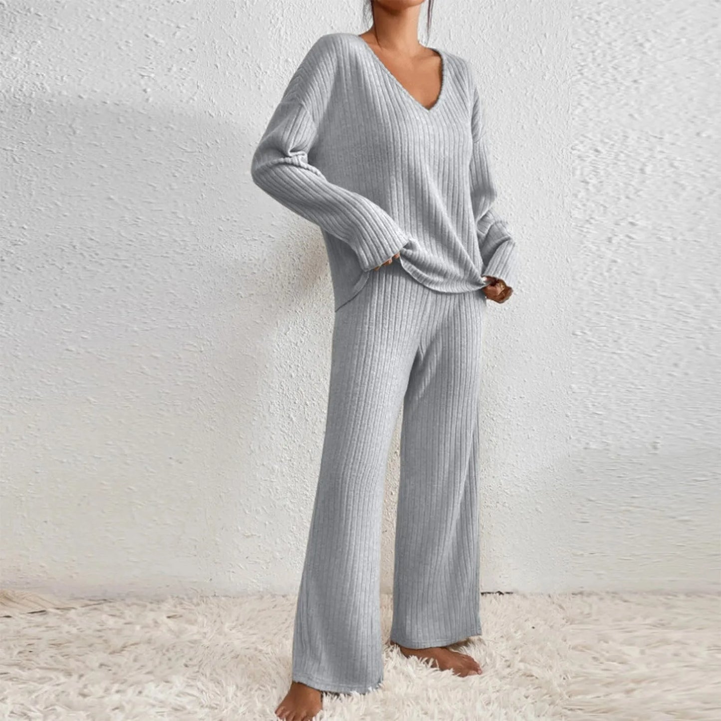 Completo da Casa in Maglia da Donna Due Pezzi con Pantaloni a Vita Elastico e Maglia a Maniche Lunghe