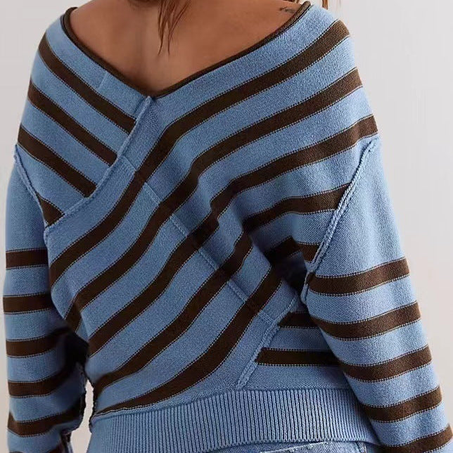 Maglione Donna in Maglia V-Neck con Vestibilità Slouch e Righe Diagonali