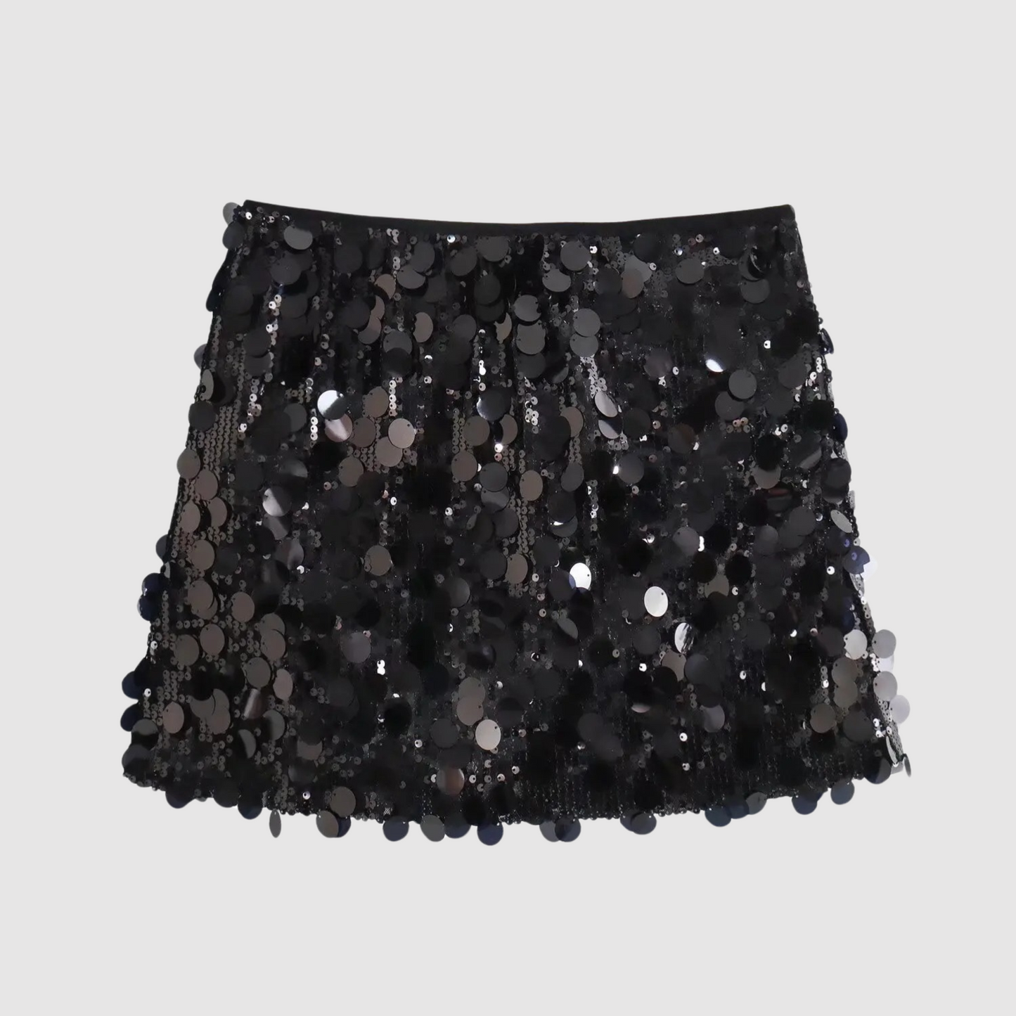 Gonna nera con paillettes lucide, design elegante e moderno, perfetta per eventi serali e feste. Moda femminile, abbigliamento glamour.