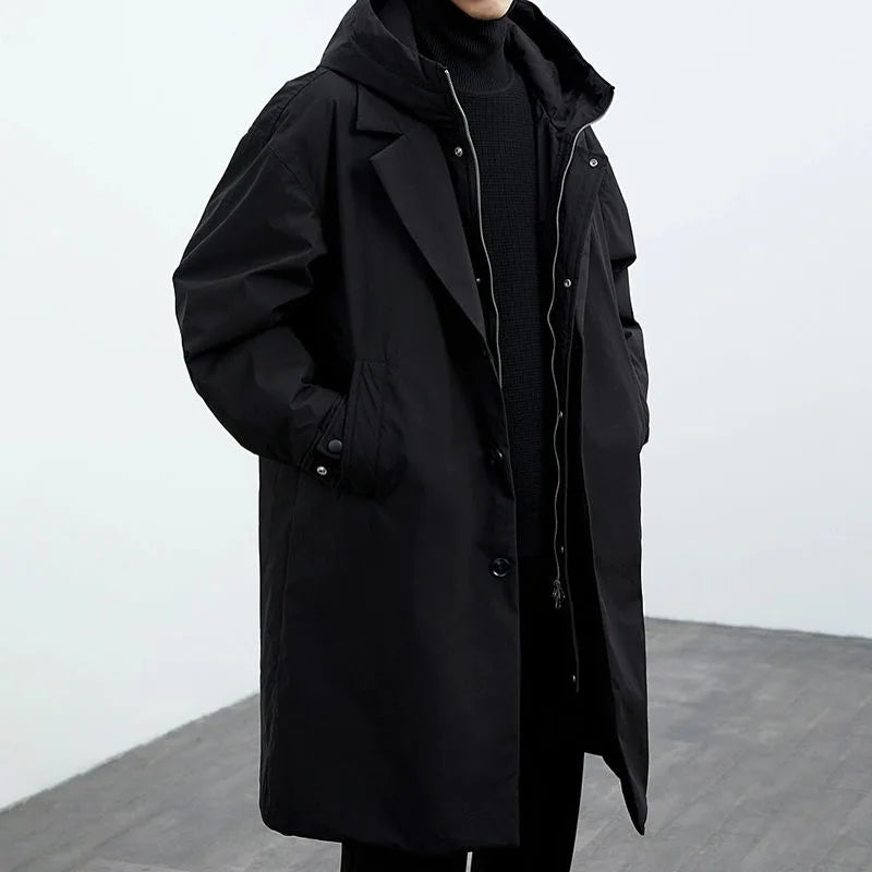 Cappotto Lungo da Uomo con Cappuccio, Chiusura Full Zip, Tasche Laterali e Polsini Regolabili