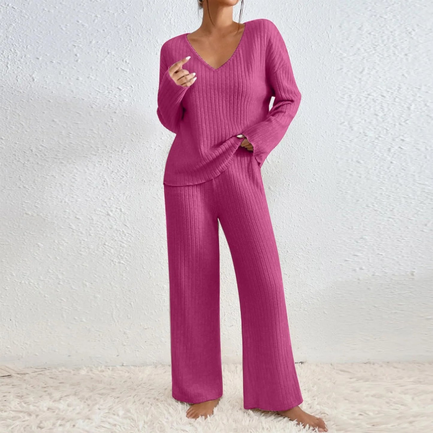 Completo da Casa in Maglia da Donna Due Pezzi con Pantaloni a Vita Elastico e Maglia a Maniche Lunghe