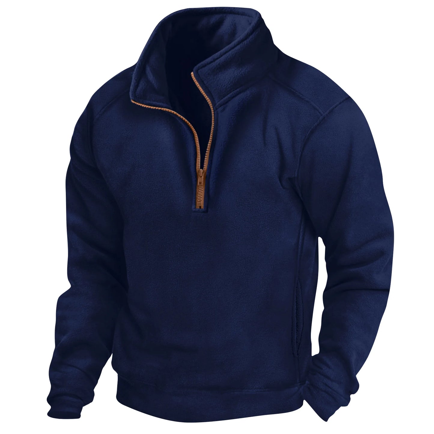 Felpa in pile blu navy con zip a metà, design casual e caldo, ideale per l'inverno. Abbigliamento uomo, moda autunno-inverno, comfort e stile.