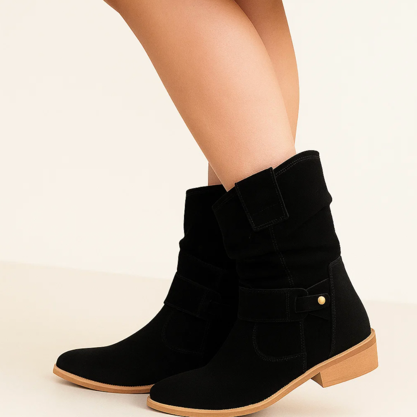 Damesko i sandfarvet ruskind med lav hæl og sidelås