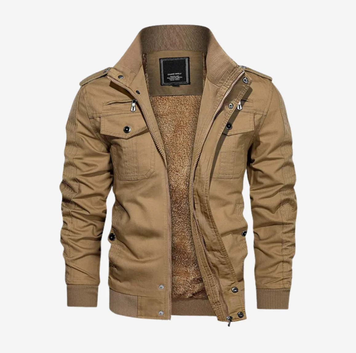 Giacca uomo casual beige, stile militare, con tasche frontali e fodera interna in pelliccia sintetica. Ideale per moda autunno-inverno.