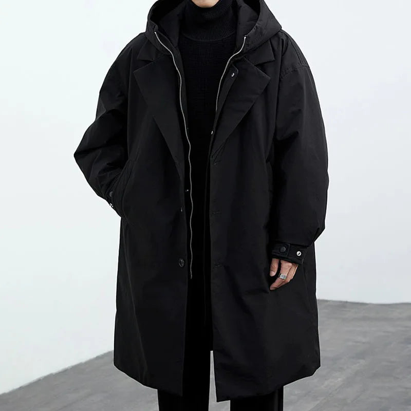 Cappotto Lungo da Uomo con Cappuccio, Chiusura Full Zip, Tasche Laterali e Polsini Regolabili