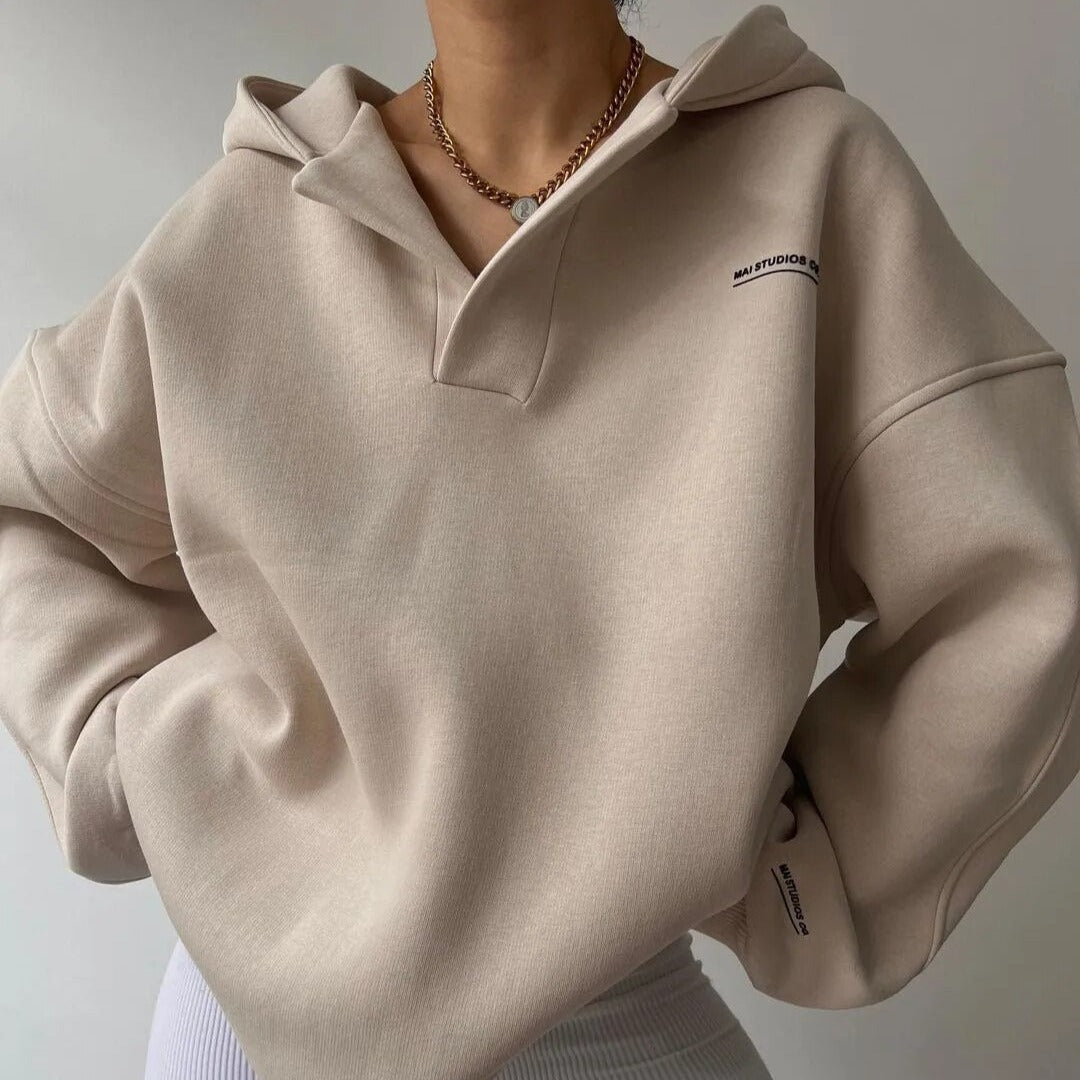 Felpa Oversize da Donna con Girocollo, Cappuccio e Tasca a Marsupio