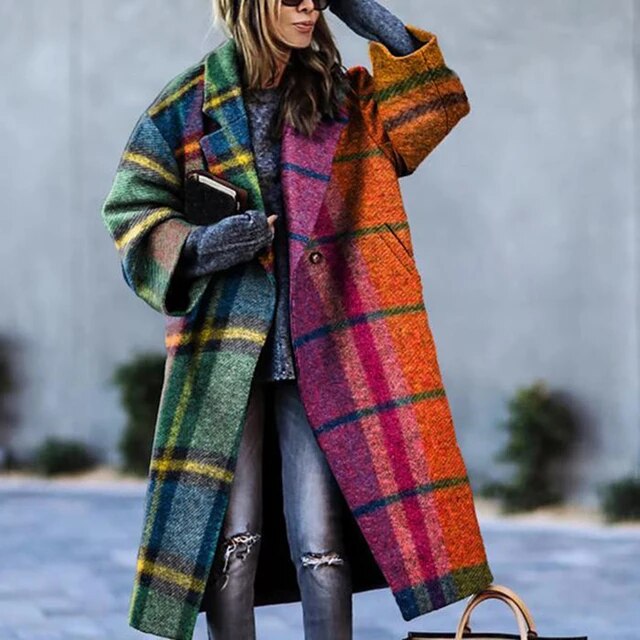 Elegante Cappotto Lungo a Quadri per Donna