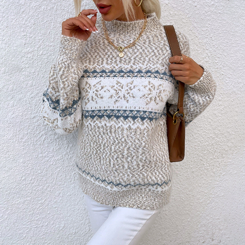 Women's Sweater with Half High Neck and Snowflake Jacquard Pattern