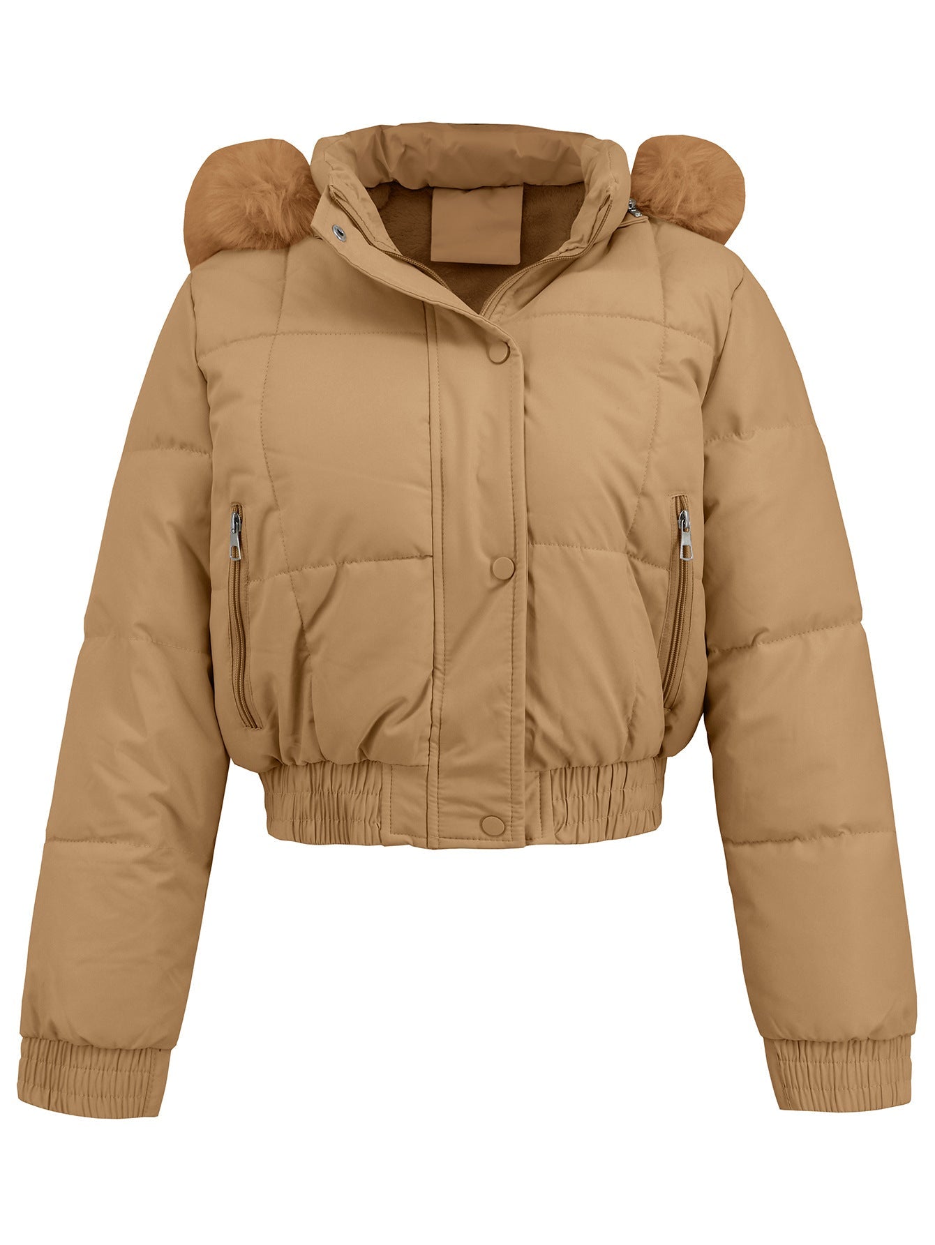 Giacca invernale donna beige, imbottita, con cappuccio e dettagli in pelliccia sintetica, chiusura a zip e bottoni, tasche laterali.