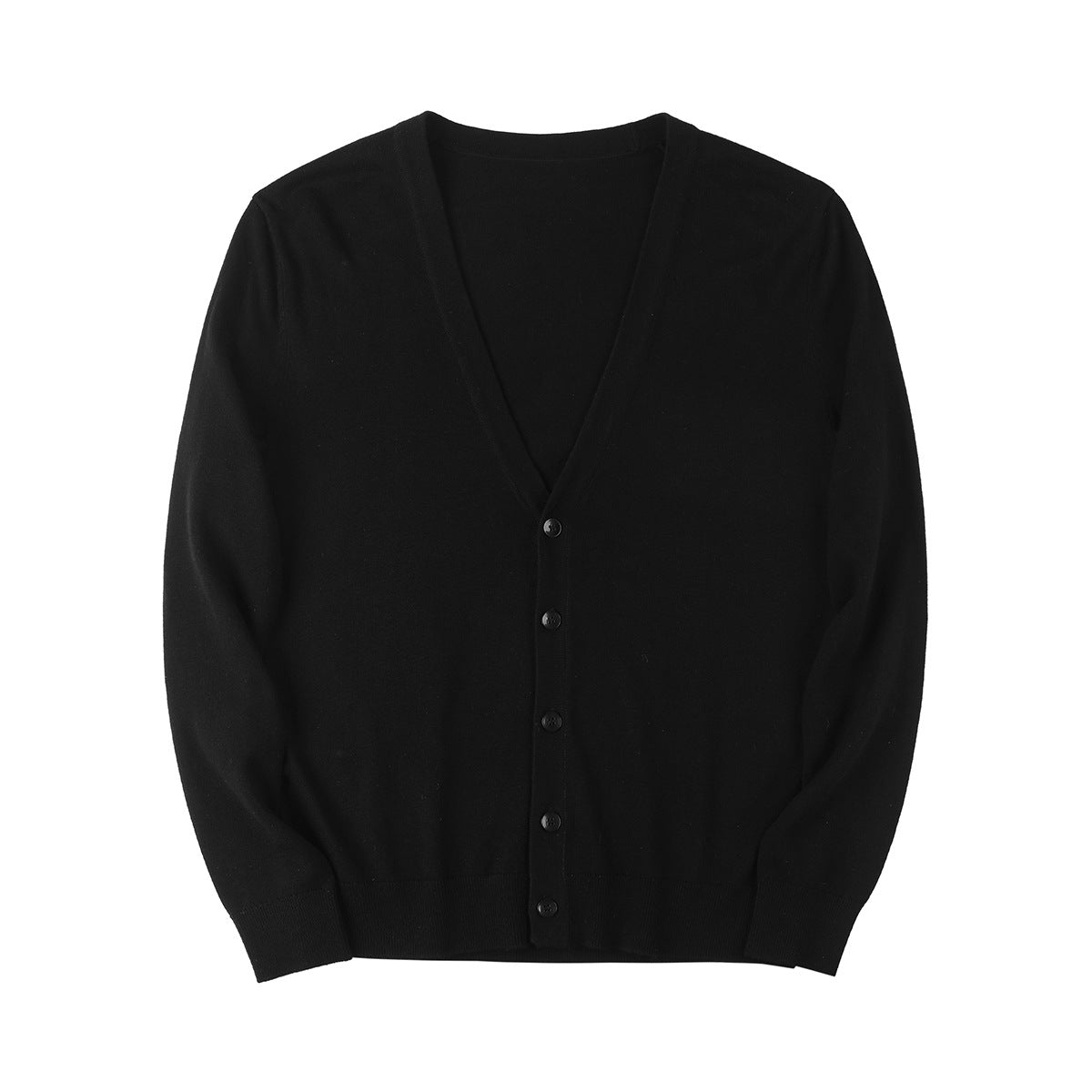 Cardigan nero in lana con scollo a V e bottoni, moda uomo, abbigliamento invernale elegante, maglione caldo e versatile per look casual e formali.