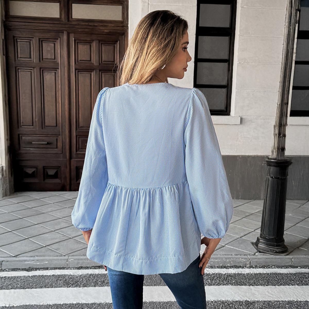 Women's Long Sleeve Striped Shirt with Front Knot and Lantern Sleeves