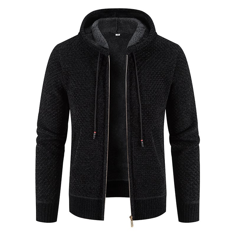 Felpa nera con cappuccio, zip frontale, tessuto lavorato a maglia, design casual, moda uomo, abbigliamento autunnale, stile moderno.