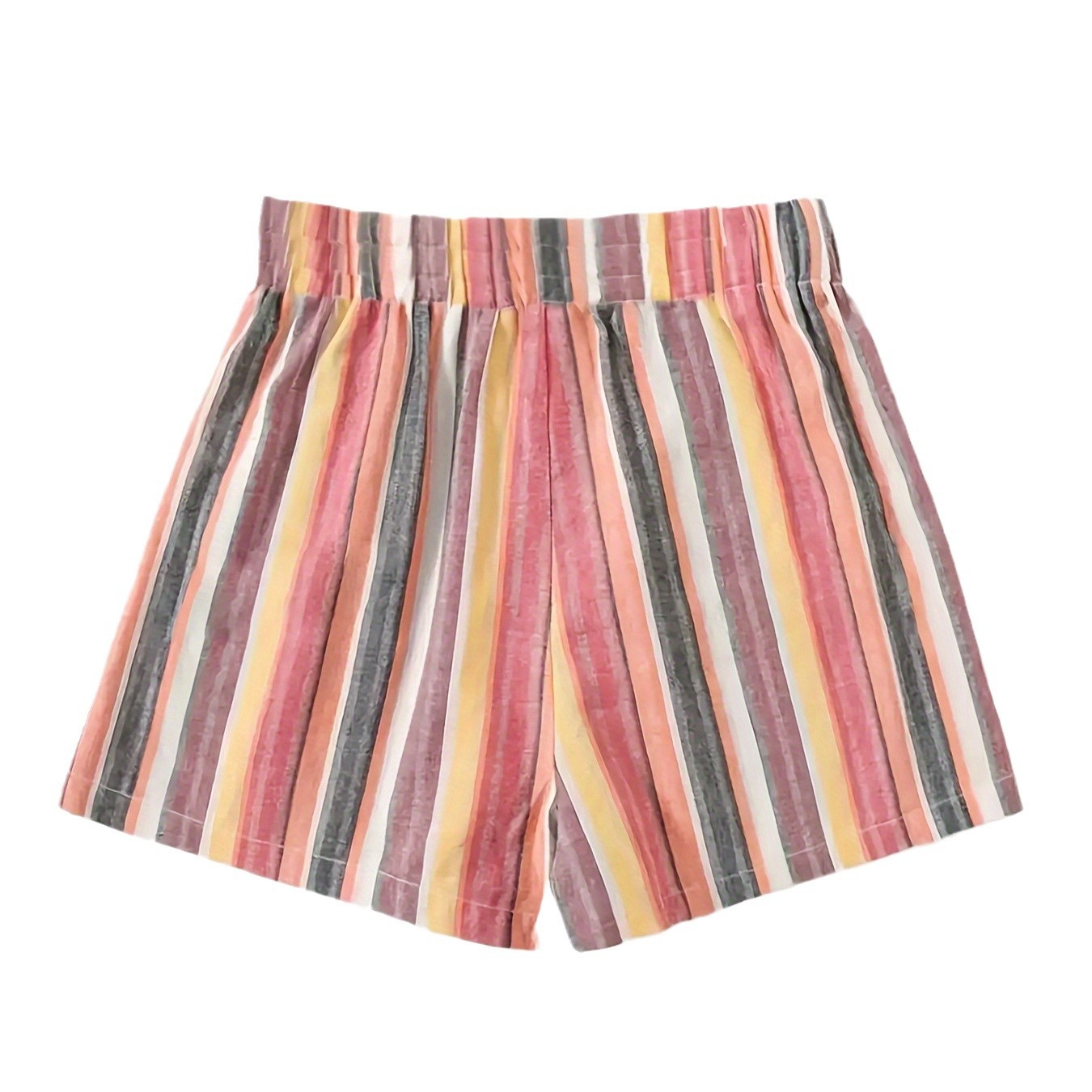 Pantaloncini a righe multicolore, elastico in vita, stile casual estivo. Tessuto leggero, ideale per moda donna primavera estate.