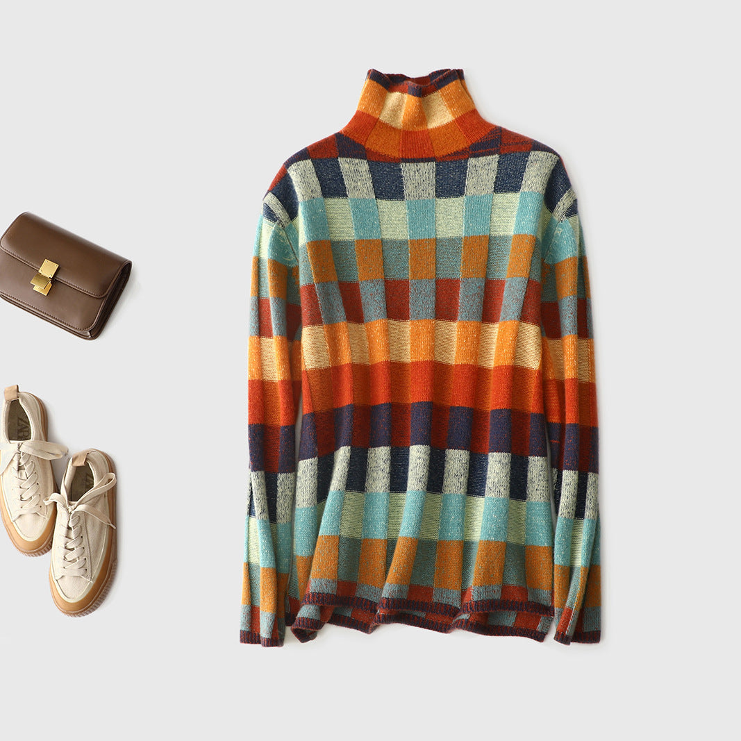 Maglione da Donna in Maglia a Scacchi con Collo Alto e Maniche Lunghe