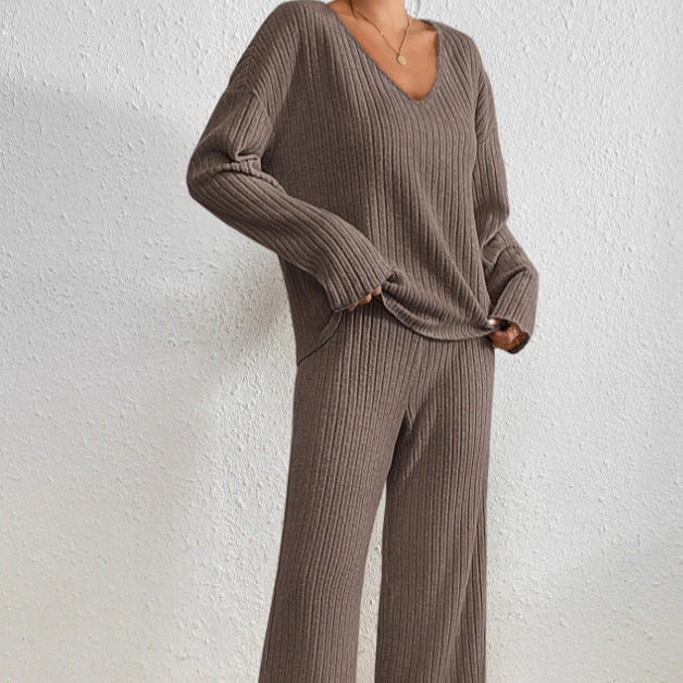 Completo da Casa in Maglia da Donna Due Pezzi con Pantaloni a Vita Elastico e Maglia a Maniche Lunghe