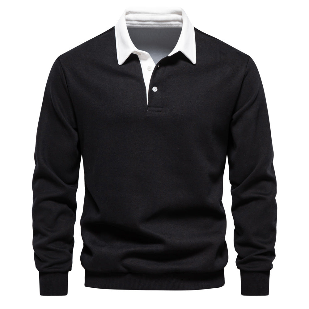 Maglione nero elegante con colletto bianco, design classico, ideale per moda uomo autunno inverno, abbigliamento casual e formale.