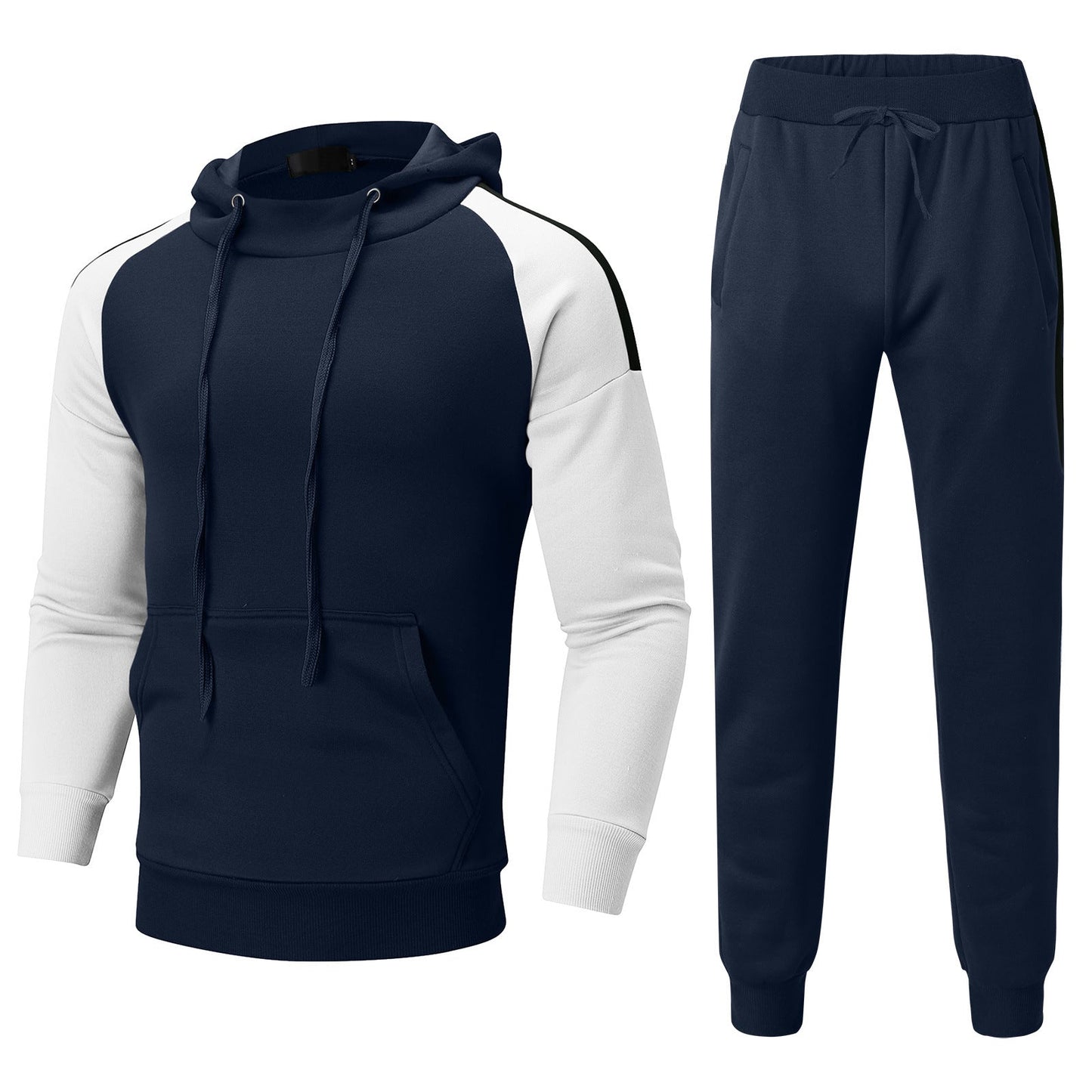 Tuta sportiva uomo blu e bianca, felpa con cappuccio e pantaloni, design bicolore, abbigliamento casual, moda sportiva, comoda e moderna.