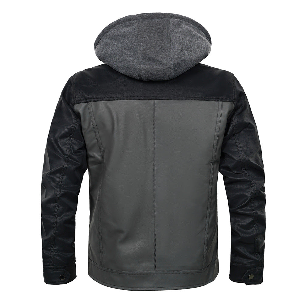 Giacca in pelle nera e grigia con cappuccio in tessuto, design moderno, maniche lunghe, ideale per moda uomo autunno inverno.