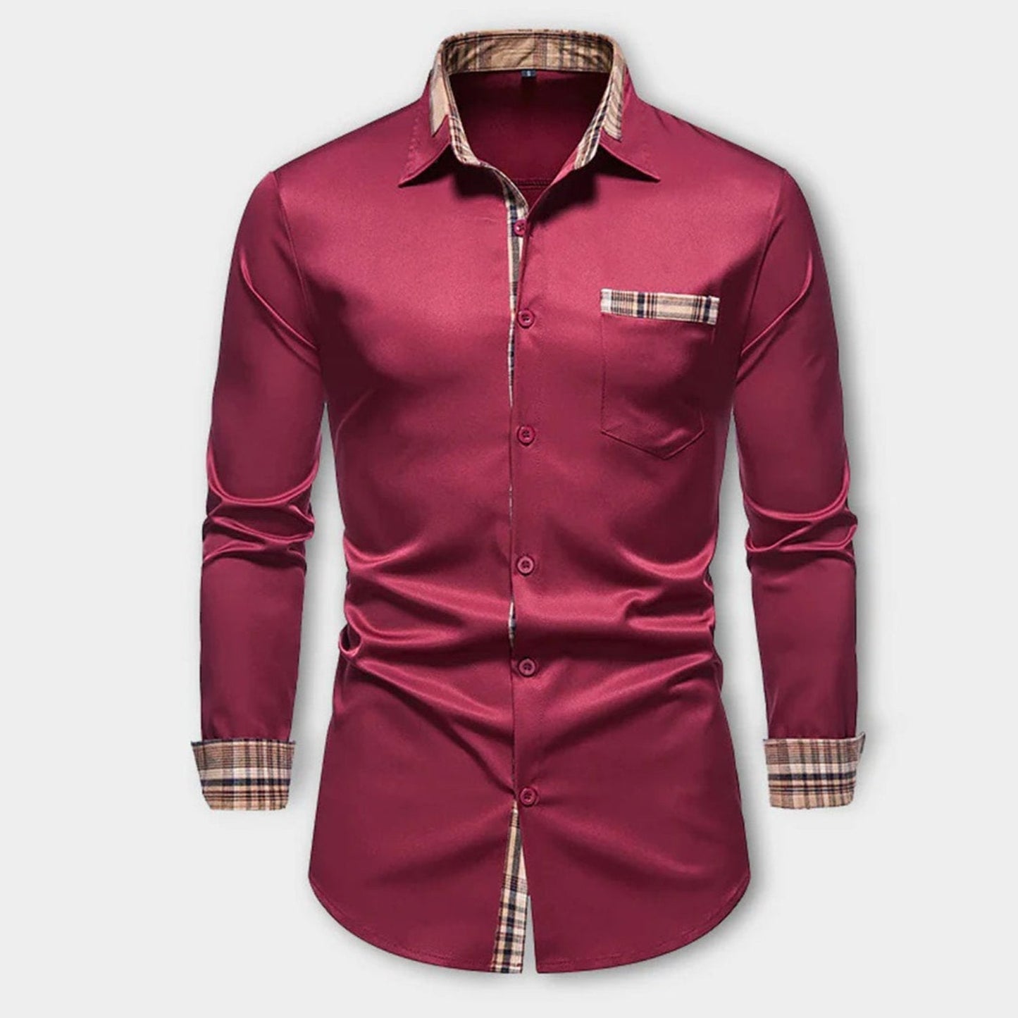 Camicia uomo elegante bordeaux in raso, colletto e polsini con motivo a quadri, ideale per look formale e casual. Moda maschile raffinata.