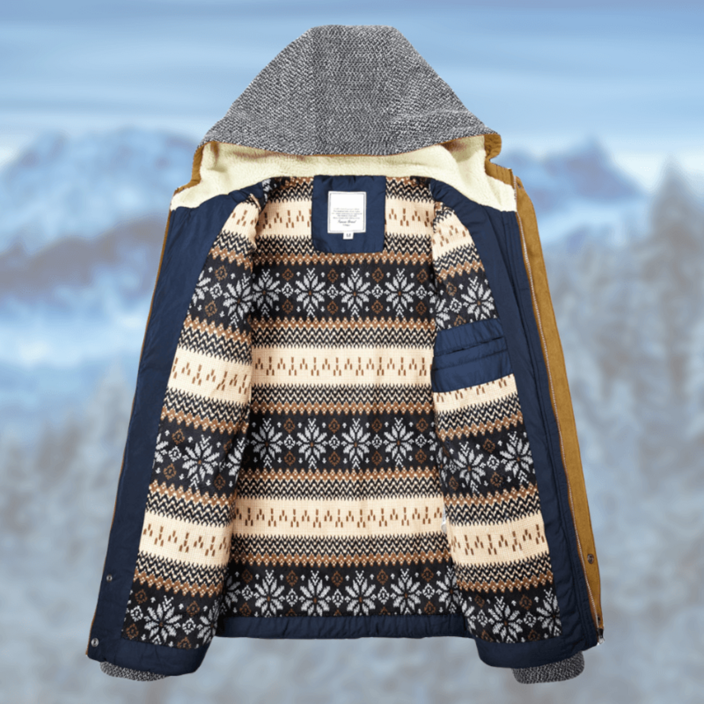 Giacca invernale aperta con fodera a motivi nordici, colori blu e beige, sfondo montano sfocato. Abbigliamento caldo e alla moda per l'inverno.