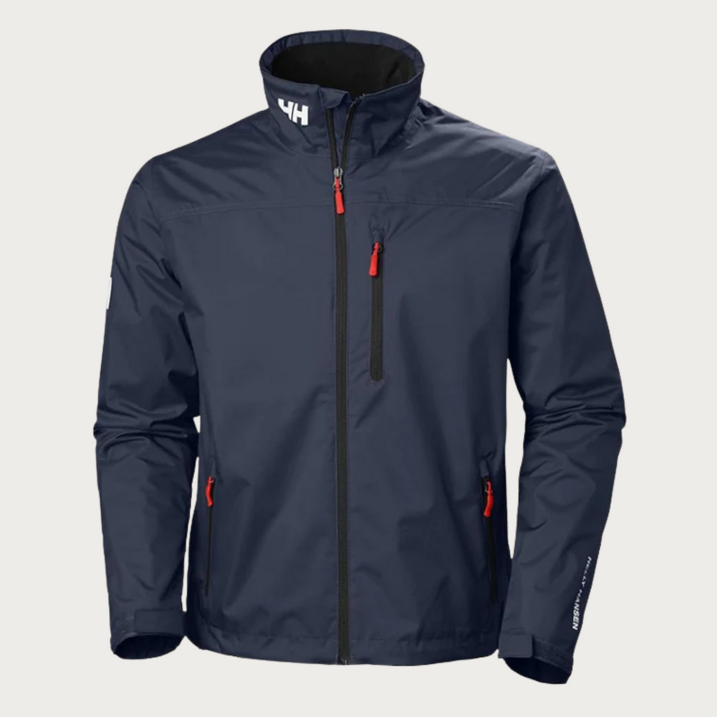 Giacca impermeabile blu scuro con zip rossa, colletto alto e logo bianco. Design sportivo, ideale per attività outdoor e tempo libero.