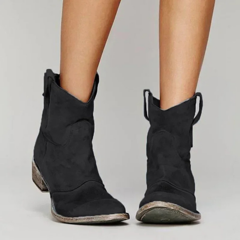 Stivali texani neri da donna in pelle scamosciata, tacco basso, design western, moda autunno inverno, calzature eleganti e versatili.
