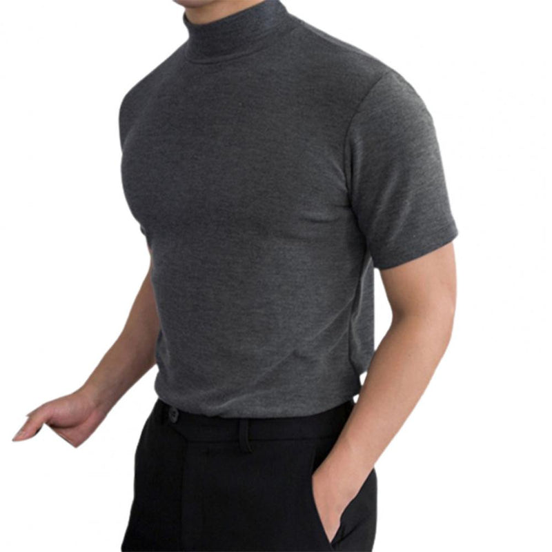 Maglietta a collo alto grigio scuro da uomo, maniche corte, vestibilità aderente, stile casual elegante, ideale per moda maschile contemporanea.