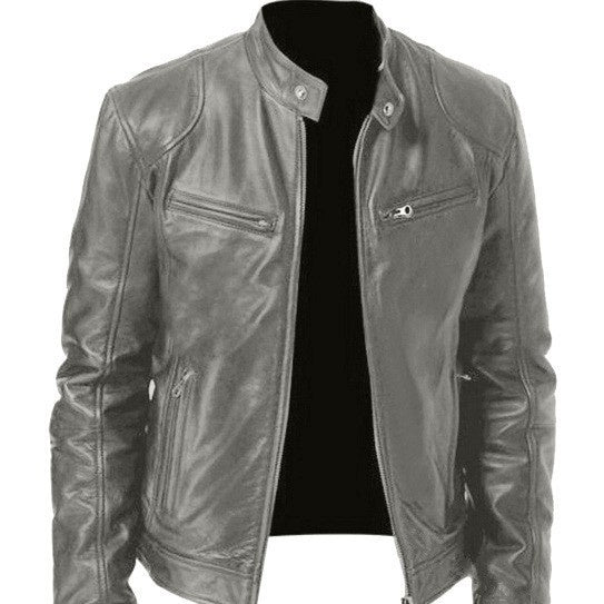 Giacca in pelle grigia da uomo con cerniere, stile motociclista. Design moderno, ideale per moda casual e look urbano.