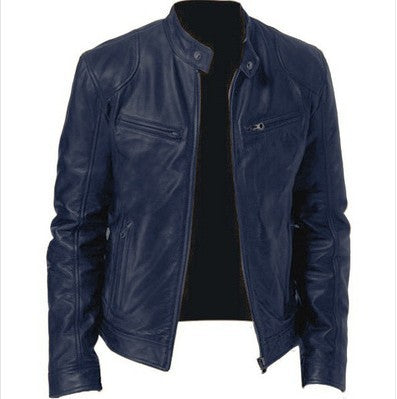 Giacca in pelle blu scuro da uomo, stile motociclista, con zip frontale e tasche, ideale per look casual e trendy.