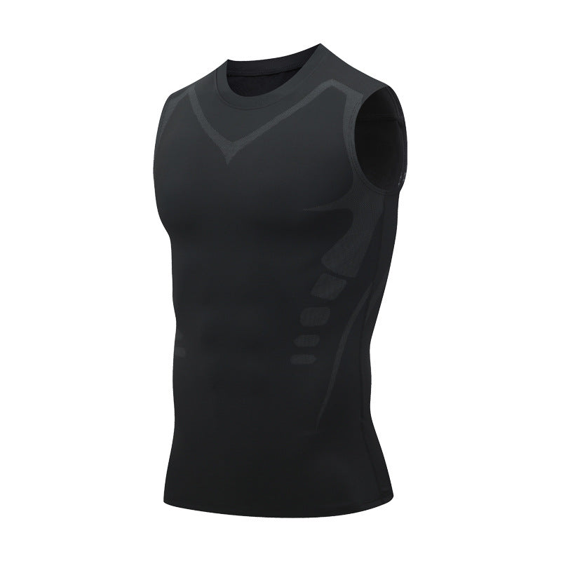 Canotta sportiva nera senza maniche, design aderente, tessuto traspirante, ideale per allenamento, palestra, fitness, uomo.